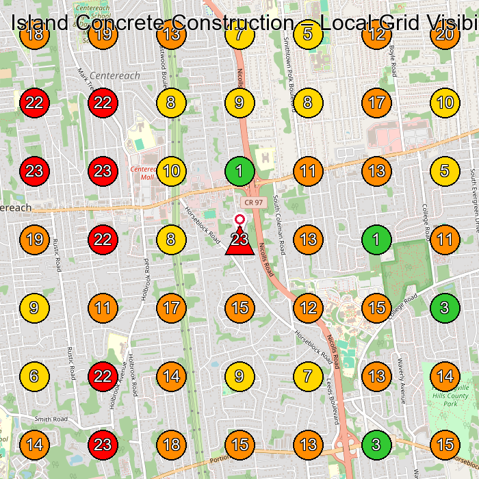 Island Concrete Construction Concrete Contractor GeoGrid ranking map for Centereach NY
